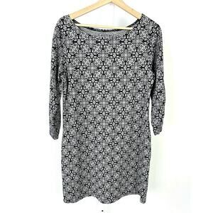SOYBU L 3/4 Sleeve Shift Dress Floral Geometric Print Ballet Neck Stretch Gray